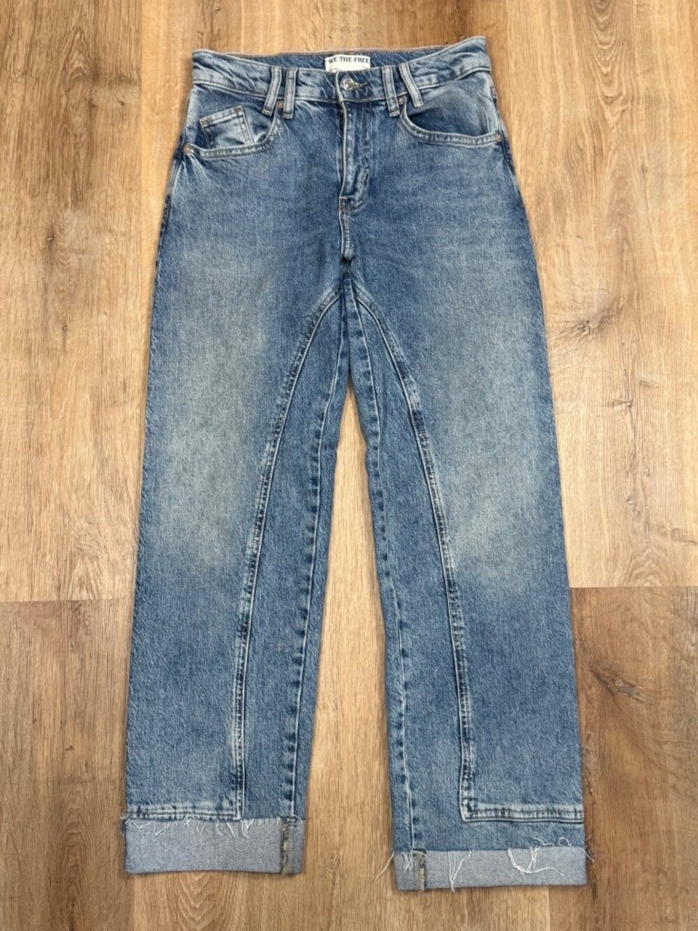 We The Free Risk Taker High Rise Straight Leg Jeans Size 25 Raw Hem Medium Wash